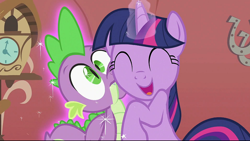 Size: 1280x723 | Tagged: safe, derpibooru import, screencap, spike, twilight sparkle, dragon, pony, unicorn, season 2, the return of harmony, ^^, cute, daaaaaaaaaaaw, duo, eyes closed, female, happy, hug, magic, male, mare, spikelove, talking, telekinesis, twiabetes