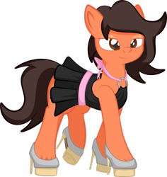Size: 1920x2034 | Tagged: safe, artist:alexdti, derpibooru import, oc, oc only, oc:rob, earth pony, pony, clothes, crossdressing, dress, earth pony oc, eyeshadow, femboy, full body, high heels, hoof shoes, hooves, lidded eyes, makeup, male, raised leg, shoes, simple background, smiling, solo, stallion, tail, transparent background