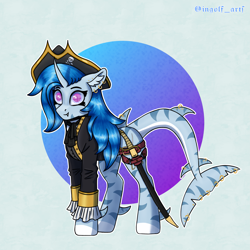 Size: 3669x3669 | Tagged: safe, artist:ingolf arts, derpibooru import, oc, oc only, oc:pearl wave, original species, pony, shark, shark pony, unicorn, clothes, cutlass, digital art, ear fluff, ear piercing, earring, ears, female, fish tail, hat, high res, horn, jewelry, looking at you, mare, piercing, pirate, pirate hat, simple background, smiling, solo, sword, tail, weapon