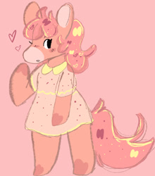 Size: 1148x1303 | Tagged: safe, artist:yaspup9000, derpibooru import, oc, earth pony, pony, g1, bipedal, clothed ponies, clothes, coat markings, dress, heart, long tail, orange coat, pink background, pink mane, simple background, solo, standing, tail, takara pony