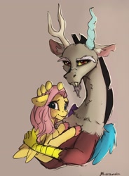 Size: 2568x3480 | Tagged: safe, artist:miokomata, derpibooru import, discord, fluttershy, draconequus, pegasus, pony, aside glance, bust, colored hooves, duo, duo male and female, ears, eye clipping through hair, female, floppy ears, folded wings, freckles, freckleshy, frown, gradient background, hand on head, high res, holding a pony, hug, looking at you, male, mare, signature, simple background, smiling, smiling at you, wings
