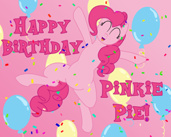 Size: 5000x4000 | Tagged: safe, artist:legendoflink, derpibooru import, pinkie pie, earth pony, pony, balloon, birthday, confetti, cute, diapinkes, eyes closed, gradient background, happy birthday, jumping, open mouth, smiling, solo, text