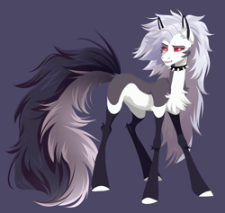 Size: 5600x5306 | Tagged: safe, artist:1an1, derpibooru import, demon, demon pony, earth pony, pony, absurd resolution, chest fluff, collar, crossover, ear fluff, ears, fangs, female, grey hair, helluva boss, hooves, long hair, long tail, looking back, loona (helluva boss), mane, mare, pale belly, ponified, raised leg, red sclera, side view, simple background, solo, spiked collar, tail, teeth, white eyes