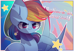 Size: 2300x1600 | Tagged: safe, artist:miryelis, derpibooru import, rainbow dash, pegasus, pony, colorful, gradient background, looking at you, multicolored hair, rainbow hair, signature, smiling, smiling at you, solo, stars, text, wings