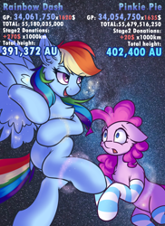 Size: 1600x2200 | Tagged: safe, artist:ravistdash, derpibooru import, pinkie pie, rainbow dash, pony, clothes, female, flying, galaxy, giantess, growth drive, macro, smiling, smirk, socks, space, striped socks, text