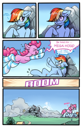 Size: 1800x2800 | Tagged: safe, artist:ravistdash, derpibooru import, pinkie pie, rainbow dash, earth pony, pegasus, pony, canterlot, chest fluff, clothes, destructions, dialogue, female, flying, galaxy, giant pinkie pie, giant rainbow dash, giantess, growth drive, hug, macro, mountain, sitting, smiling, smirk, socks, space, striped socks, text