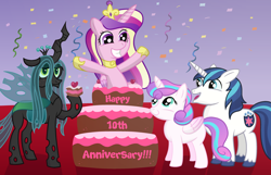 Size: 3300x2128 | Tagged: safe, artist:sweetielover, derpibooru import, princess cadance, princess flurry heart, queen chrysalis, shining armor, alicorn, pony, unicorn, canterlot wedding 10th anniversary, g4, anniversary, cake, celebration, confetti, eating, female, food, happy, high res, male, older, smiling, streamers