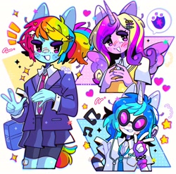 Size: 2048x2021 | Tagged: safe, artist:jack0ran, derpibooru import, dj pon-3, princess cadance, rainbow dash, vinyl scratch, alicorn, anthro, unicorn, blushing, clothes, cute, cutedance, dashabetes, earbuds, ears, female, hairpin, heart, horn, music notes, necktie, peace sign, pictogram, ponytail, school uniform, shirt, skirt, smiling, speech bubble, stars, vinylbetes, wings