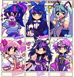 Size: 1955x2048 | Tagged: safe, artist:jack0ran, derpibooru import, sci-twi, twilight sparkle, human, equestria girls, anarchy stocking, anime, annoyed, blushing, bowtie, bracelet, clothes, cute, danganronpa, danganronpa 2, dress, female, glasses, gloves, hatsune miku, heart, ibuki mioda, jewelry, madoka kaname, magical girl, male, open mouth, open smile, panty and stocking with garterbelt, pigtails, plushie, ponytail, project sekai, puella magi madoka magica, rui kamishiro, shirt, six fanarts, smiling, stars, sweat, sweatdrop, twiabetes, vocaloid