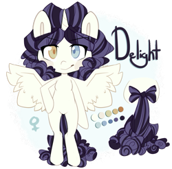 Size: 785x771 | Tagged: safe, artist:ifoopets, derpibooru import, oc, oc only, oc:delight, alicorn, pony, bipedal, black mane, color palette, curly hair, curly mane, female, heterochromia, long mane, long tail, multicolored mane, purple mane, reference sheet, simple background, solo, spread wings, standing, tail, transparent background, white coat, wings