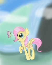 Size: 1200x1508 | Tagged: safe, artist:twiliset, derpibooru import, fluttershy, butterfly, pegasus, pony, beautiful, blurry background, cloud, cute, female, filly, foal, grass, happy, looking at something, looking up, open mouth, open smile, outdoors, raised hoof, raised leg, river, rock, shine, sky, smiling, solo, spread wings, standing, three quarter view, water, wings, younger