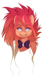 Size: 419x713 | Tagged: safe, artist:ifoopets, derpibooru import, oc, oc only, oc:fin, merpony, original species, pony, unicorn, bow, bowtie, bust, digital painting, mohawk, orange coat, orange mane, painting, portrait, simple background, smiling, smirk, solo, transparent background