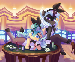 Size: 6381x5263 | Tagged: safe, artist:saxopi, derpibooru import, oc, oc only, oc:jinx, oc:misty, anthro, kirin, arm hooves, bowtie, bunny ears, bunny suit, casino, chair, clothes, cuffs, kirin oc, leggings, poker table, slot machine