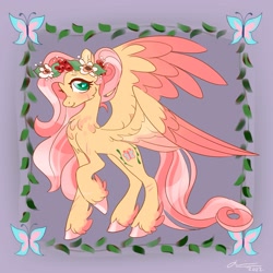 Size: 1915x1915 | Tagged: safe, artist:creeate97, derpibooru import, fluttershy, pegasus, pony, alternate cutie mark, alternate hairstyle, aside glance, cheek fluff, chest fluff, colored wings, feathered fetlocks, female, floral head wreath, flower, fluttershy day, looking at you, mare, raised hoof, raised leg, smiling, solo, spread wings, standing, two toned wings, unshorn fetlocks, wings