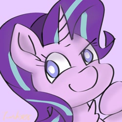 Size: 1200x1200 | Tagged: safe, artist:twiliset, derpibooru import, starlight glimmer, pony, unicorn, confident, cute, looking at you, purple background, simple background, smiling, smiling at you, solo, white pupils