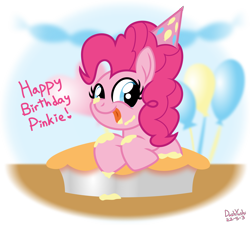 Size: 2000x1800 | Tagged: safe, artist:dashyoshi, derpibooru import, pinkie pie, earth pony, pony, .svg available, balloon, cute, diapinkes, food, frosting, happy birthday, hat, heart, looking at you, messy eating, party hat, pie, pinkie pie's birthday, simple background, smiling, solo, svg, table, text, tongue, tongue out, transparent background, vector