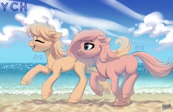 Size: 2560x1664 | Tagged: safe, artist:hakaina, derpibooru import, earth pony, pony, cloud, commission, duo, eyes closed, hair, ocean, open mouth, sand, smiling, tail, water, your character here