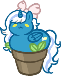 Size: 563x700 | Tagged: safe, artist:dragonitavioleta, derpibooru import, oc, oc:fleurbelle, alicorn, alicorn oc, bow, female, hair bow, horn, lying, mare, plant pot, ponyloaf, prone, simple background, sitting, transparent background, wings