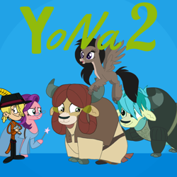 Size: 1080x1080 | Tagged: safe, artist:chanyhuman, derpibooru exclusive, derpibooru import, sandbar, silverstream, spoiled rich, yona, earth pony, hippogriff, human, pony, yak, blue background, clothes, cosplay, costume, crossover, description is relevant, dreamworks, fairy godmother, female, makeup, male, puss in boots, reference, shipping, shrek, shrek 2, simple background, spoiled milk, straight, the casagrandes, yak sandbar, yonabar