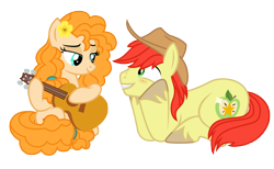 Size: 2670x1646 | Tagged: safe, artist:third uncle, derpibooru import, bright mac, pear butter, earth pony, pony, the perfect pear, brightbutter, cowboy hat, eye contact, female, guitar, hat, husband and wife, looking at each other, looking at someone, male, mare, married couple, musical instrument, playing instrument, shipping, simple background, stallion, straight, transparent background