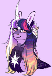 Size: 1280x1874 | Tagged: safe, artist:malinraf1615, derpibooru import, twilight sparkle, twilight sparkle (alicorn), alicorn, pony, alternate hairstyle, chest fluff, coat markings, curved horn, female, horn, looking at you, mare, pink background, redesign, simple background, smiling, smiling at you, solo