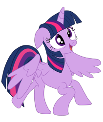 Size: 1710x2026 | Tagged: safe, artist:gmaplay, derpibooru import, twilight sparkle, twilight sparkle (alicorn), alicorn, pony, princess spike (episode), bipedal, derp, female, full body, hooves, horn, mare, open mouth, open smile, partially open wings, simple background, smiling, solo, transparent background, wings