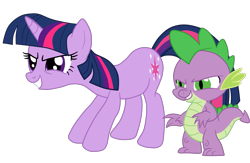 Size: 1985x1291 | Tagged: safe, artist:gmaplay, derpibooru import, spike, twilight sparkle, unicorn twilight, dragon, pony, unicorn, duo, duo male and female, evil grin, female, grin, hooves, horn, male, mare, narrowed eyes, simple background, smiling, standing, transparent background