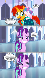 Size: 1136x1961 | Tagged: safe, artist:silverbuller, derpibooru import, princess flurry heart, starlight glimmer, sunburst, alicorn, unicorn, comic, female, filly, foal, forced smile, implied shipping, implied starburst, implied straight, jealous, male, mare, smiling, speech bubble, stallion, thought bubble