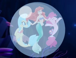 Size: 934x720 | Tagged: safe, artist:carlosuriel13, derpibooru import, pinkie pie, princess skystar, earth pony, mermaid, pony, sea pony, seapony (g4), my little pony: the movie, spoiler:my little pony the movie, ariel, bra, bubble, clothes, crossover, disney, disney princess, eyes closed, fin wings, fins, fish tail, jewelry, looking at you, mermaid tail, necklace, open mouth, raised hooves, seaquestria, seashell bra, tail, the little mermaid, underwater, underwear, wings