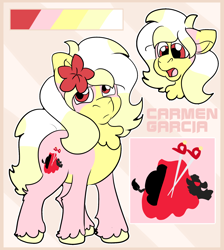 Size: 1700x1900 | Tagged: safe, artist:euspuche, derpibooru import, oc, oc only, oc:carmen garcía, earth pony, female, looking at you, reference sheet, spanish, worried