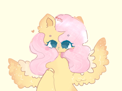 Size: 2048x1536 | Tagged: safe, artist:roseyjin, derpibooru import, fluttershy, pegasus, pony, cute, eye clipping through hair, female, fluffy, heart, mare, shyabetes, simple background, solo, yellow background