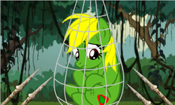 Size: 940x563 | Tagged: safe, artist:ds59, derpibooru import, oc, oc:jungle heart, earth pony, pony, booby trap, captured, jungle, looking down, male, net, sad, scared, spear, trap (device), trapped, upset, weapon, worried