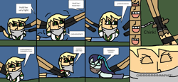 Size: 2019x935 | Tagged: safe, artist:mattjohn1992, derpibooru import, applejack, coloratura, equestria girls, angry, chains, cloth gag, gag, glare, locked, looking at someone, looking up, muffled moaning, muffled words, rara, tied up