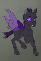 Size: 2000x3000 | Tagged: safe, artist:stardustspix, oc, oc only, oc:alcippe, changeling, equestria at war mod, changeling oc, fangs, female, gradient background, purple changeling, smiling, solo