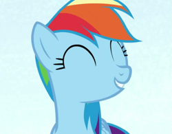 Size: 667x520 | Tagged: safe, derpibooru import, screencap, rainbow dash, pegasus, pony, all bottled up, season 7, best friends until the end of time, cropped, cute, dashabetes, eyes closed, female, light blue background, mare, simple background, smiling, solo