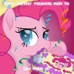 Size: 5120x5120 | Tagged: safe, artist:lincolnbrewsterfan, derpibooru exclusive, derpibooru import, pinkie pie, earth pony, pony, my little pony: the movie, party of one, .svg available, absurd resolution, animated, bedroom eyes, birthday cake, cake, chewing, chewing ponies, confetti, cute, diapinkes, eating, female, food, gradient background, happy birthday, hapvw mnulh milnum nim, heart, heart hoof, hoof hold, lidded eyes, looking at you, mouth hold, movie accurate, pink fluffy unicorns dancing on rainbows, pinkamena diane pie, pinkie pie's birthday, raised hoof, raised leg, simple background, smiling, smiling at you, solo, svg, underhoof, vector, written equestrian