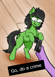 Size: 1376x1908 | Tagged: artist needed, safe, derpibooru import, twilight sparkle, oc, oc:anon filly, /mlp/, female, filly, foal, gun, simple background, text, weapon