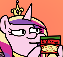 Size: 501x448 | Tagged: safe, artist:fluttershank, derpibooru import, princess cadance, alicorn, three's a crowd, crown, digiorno, eating, food, jewelry, meat, meme, peetzer, pizza, ponies eating meat, regalia, squatpony, that pony sure does love pizza