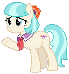 Size: 1644x1769 | Tagged: safe, artist:sketchmcreations, derpibooru import, coco pommel, earth pony, pony, made in manehattan, collar, female, flower, flower in hair, mare, raised hoof, raised leg, simple background, smiling, transparent background, vector