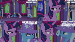 Size: 1280x720 | Tagged: safe, derpibooru import, edit, edited screencap, editor:quoterific, screencap, starlight glimmer, trixie, twilight sparkle, twilight sparkle (alicorn), alicorn, pony, unicorn, no second prances, season 6, female, mare, open mouth, smiling, smirk, text, trio, twilight's castle