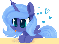 Size: 1282x958 | Tagged: safe, artist:computershits, derpibooru import, princess luna, alicorn, pony, :p, big eyes, ear fluff, ears, female, filly, foal, heart, hoof heart, hooves on the table, simple background, solo, spread wings, table, tongue, tongue out, white background, wings, woona, young luna, younger