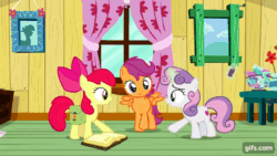 Size: 640x360 | Tagged: safe, derpibooru import, screencap, apple bloom, scootaloo, sweetie belle, earth pony, pegasus, pony, unicorn, season 9, the last crusade, spoiler:s09, animated, apple bloom's bow, bag, bow, clubhouse, crusaders clubhouse, cutie mark crusaders, female, filly, foal, gif, gifs.com, hair bow, magic, open mouth, saddle bag, spread wings, telekinesis, wings