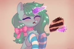 Size: 3000x2000 | Tagged: safe, artist:raily, derpibooru import, oc, oc only, pony, unicorn, bow, cake, cake slice, clothes, eating, food, hair bow, magic, socks, solo, striped socks, telekinesis, tongue, tongue out