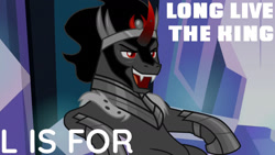 Size: 1280x720 | Tagged: safe, derpibooru import, edit, edited screencap, editor:quoterific, screencap, king sombra, pony, season 9, the beginning of the end, spoiler:s09, alphabet, antagonist, evil, evil grin, grin, long live the king, male, smiling, solo, talking