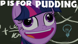 Size: 1280x720 | Tagged: safe, derpibooru import, edit, edited screencap, editor:quoterific, screencap, twilight sparkle, twilight sparkle (alicorn), alicorn, pony, best gift ever, season 8, spoiler:s08, alphabet, close-up, derp, faic, female, food, mare, meme origin, pudding, pudding face, solo, special