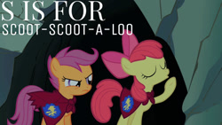 Size: 1280x720 | Tagged: safe, derpibooru import, edit, edited screencap, editor:quoterific, screencap, apple bloom, scootaloo, earth pony, pegasus, pony, season 1, stare master, alphabet, angry, cape, clothes, cmc cape, duo, duo female, female, filly, foal, scootaloo is not amused, unamused