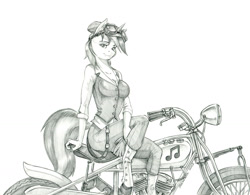 Size: 1500x1167 | Tagged: safe, artist:baron engel, derpibooru import, dj pon-3, vinyl scratch, anthro, unguligrade anthro, unicorn, breasts, clothes, goggles, grayscale, looking at you, monochrome, motorcycle, pencil drawing, solo, spats, traditional art, vest, vinyl stacked