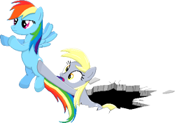 Size: 454x317 | Tagged: safe, artist:rockingscorpion, derpibooru import, derpy hooves, rainbow dash, pegasus, pony, the last roundup, duo, duo female, female, flying, frown, hole, mare, open mouth, pixel art, simple background, spread wings, transparent background, wings