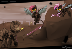 Size: 2160x1490 | Tagged: safe, artist:deafjaeger, derpibooru import, oc, oc only, oc:morganette larimar, oc:skyline, earth pony, fly, insect, pegasus, pony, fallout equestria, armor, commission, enclave, enclave armor, fallout, fight, flying, gun, helmet, sky, spread wings, steel ranger, weapon, wings