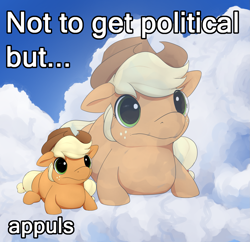 Size: 2041x1972 | Tagged: safe, artist:whiskeypanda, derpibooru import, applejack, earth pony, pony, /mlp/, apple, appul, cloud, cloudy, drawthread, female, hat, mare, meme, ponified, ponified animal photo, ponified meme, request, requested art, text, that pony sure does love apples